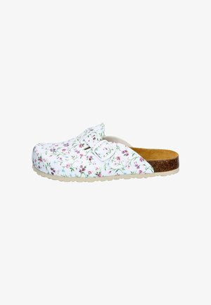 White floral clog with multicolored flower pattern, adjustable buckle, textured sole, and a cork footbed. Smooth, synthetic upper material.
