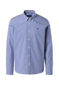 Camisa de botones a cuadros azul y blanca, con mangas largas, cuello con solapa y un pequeño logo bordado en el pecho. Tela de algodón.