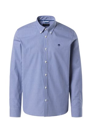 Blau-weiße karierten Button-Up-Hemd mit langen Ärmeln, einem Kragen und einem kleinen gestickten Logo auf der Brust. Baumwollstoff.