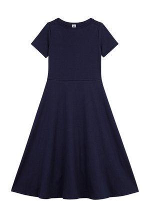 Robe bleu marine à manches courtes, longueur genou, avec un corps ajusté et une jupe évasée, présentée à plat sur un fond blanc.