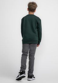 Felpa verde con collo rotondo e maniche lunghe, abbinata a jeans grigi. Sneakers in bianco e nero. Vista da dietro.