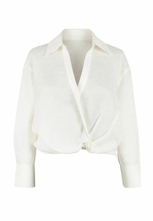 Camicia bianca a maniche lunghe con profondo scollo a V, colletto ampio e dettaglio a nodo raccolto sull'orlo anteriore.