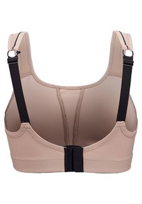 Beige sportbh med justerbara svarta remmar, slät tyg och en strukturerad baksida med en stängningsdetalj.