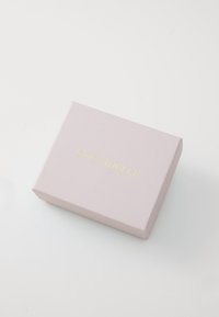 Scatola di cartone rosa con una superficie liscia, con il logo dorato in rilievo "COCCINELLE" sulla parte superiore. Forma rettangolare e chiusa.