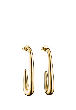 Coppia di orecchini a cerchio allungati tono oro lucido con design tubolare spesso, curvo e chiusura a pressione.