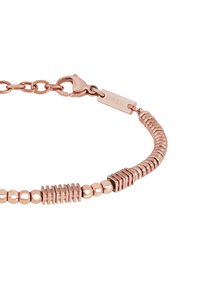 Armband i roséguld med sfäriska och rektangulära metallkedjor, en hummerlås, och en märkesbadge graverad med "BREIL."