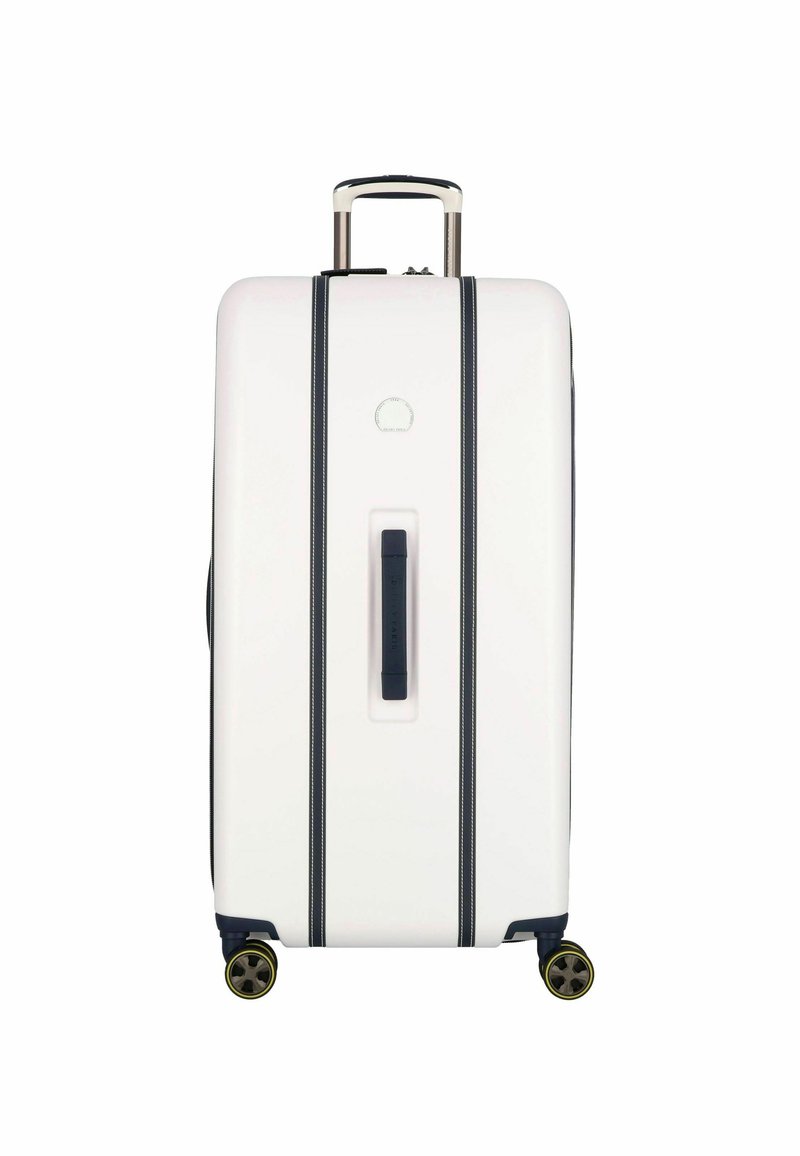 Valigia rigida bianca con accenti blu navy, manico retrattile, doppie ruote, manico frontale e una finitura liscia e lucida.