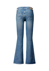Ανοιχτό μπλε τζιν από denim με καμπάνα στο πόδι, πίσω τσέπες, θηλιές για ζώνη και καφέ δερμάτινο ταμπελάκι στη μέση.