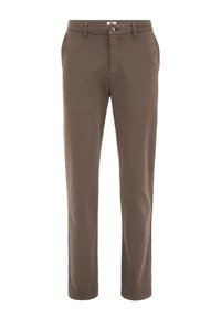 Pantaloni din bumbac maro, cu un design drept pe picior, având buzunare laterale și închidere frontală cu nasture. Textură netedă și croială ajustată.