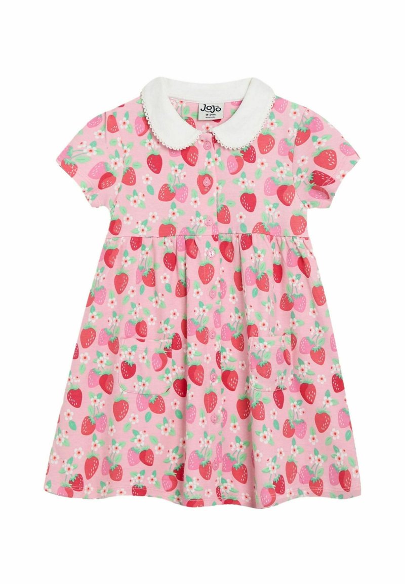 Robe rose à manches courtes avec un col blanc, imprimé fraises et fleurs, devant à boutons et deux poches appliquées sur la jupe.