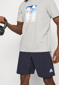 Grå bomulls t-shirt med grafiskt tryck, parat med marinblå shorts som har två sidofickor och en Adidas-logotyp. En svart kettlebell hålls.