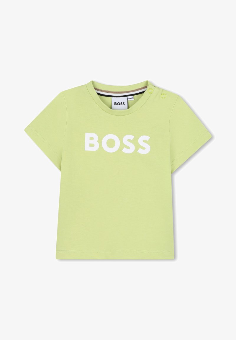 Gaiši zaļa īsām piedurknēm T-kreklā, kas izgatavots no kokvilnas, ar apaļu kakla izgriezumu un vārdu "BOSS", kas izcili izcelts baltā krāsā.