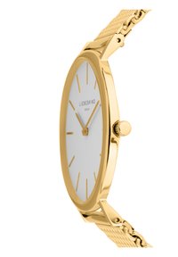 Goldfarbene Uhr mit einem weißen Zifferblatt, dünnen Stundenmarkierungen und einem strukturierten Mesh-Armband. Verfügt über ein rundes Gehäuse und eine kleine Krone an der Seite.