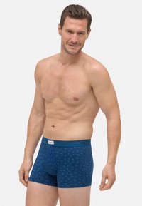 Hombre con cabello corto casta ño que lleva calzoncillos de cuadros azules contra un fondo blanco liso, posando con los brazos relajados.