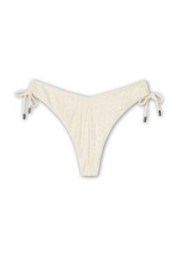Krémové bikinové dno s texturovaným vzorem. Obsahuje nastavitelné vázací strany se stříbrnými korálky. Minimalistický design s malým pokrytím.