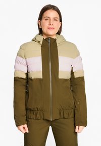 Padded jacket in green, beige, and light pink. Features a zip front, hood, and elasticized waist. Textured fabric with horizontal color blocks.
