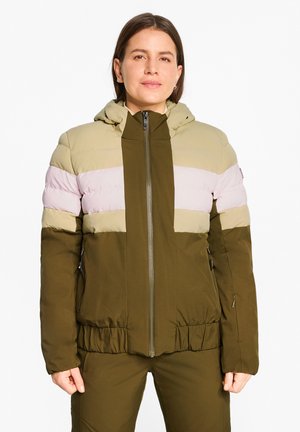 Gepolsterte Jacke in Grün, Beige und Hellrosa. Verfügt über einen Reißverschluss vorne, Kapuze und elastischen Taillenbund. Texturiertes Gewebe mit horizontalen Farbblöcken.