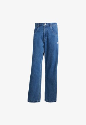 Blå høyhalsede vide denimjeans med frontlommer, belteholdere, knappelukking og liten Adidas-logo på høyre lår.