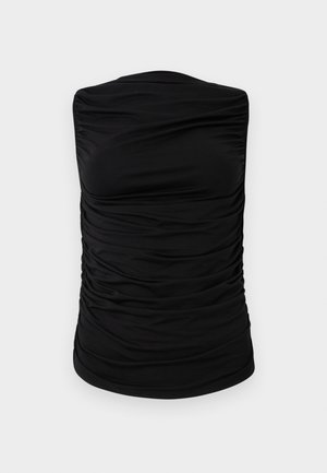 Musthave musta ilma varrukatega topp, millel on kortsusdisain, valmistatud elastsetest riietest, millel on sile tekstuur, ilma lisamustreid või aktsente.