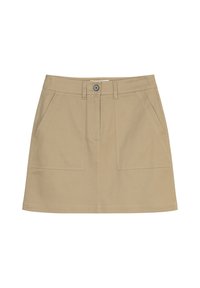 Jupe kaki en coton, avec deux poches avant et une fermeture boutonnée. La coupe est droite avec une texture lisse et épurée.
