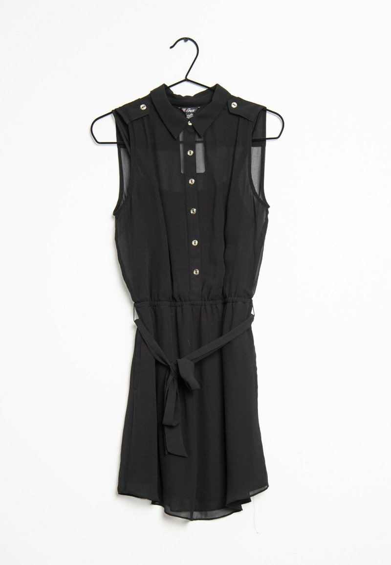 Schwarzes ärmelloses Kleid mit Kragen, Knopfleiste und elastischem Taillenbund, ausgestattet mit einem gebundenen Gürtel und einem fließenden Saum.