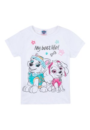 Weißes Baumwoll-T-Shirt mit zwei Cartoon-Hunden, einer in blauen und der andere in rosa Outfits, mit dem Text "Mein bestes Leben!" über ihnen.