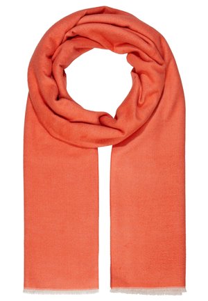 Soft coral orange scarf with a smooth texture, loosely folded in a circular shape, with slightly frayed edges on a white background.