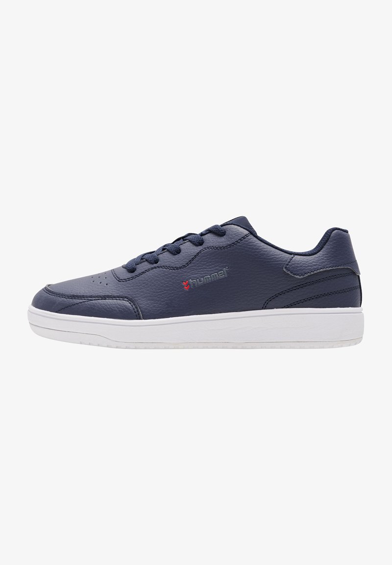 Navy leather sneaker with a textured finish, white rubber sole, six eyelets, and a small red logo on the side. Classic low-top design.