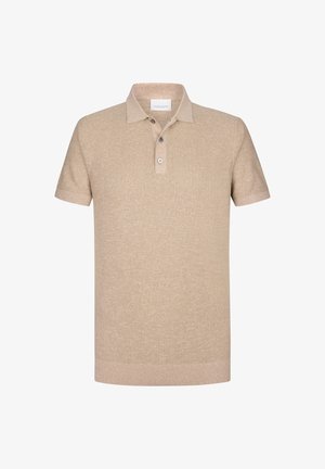 Beige polo shirt lavet af tekstureret materiale. Korte ærmer, krave med tre knapper og en lige kant.