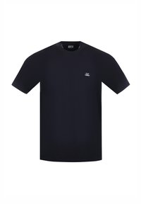 T-shirt blu navy a maniche corte in cotone. Presenta un collo rotondo e una piccola etichetta con logo sul petto sinistro. Tessuto liscio, vestibilità standard.