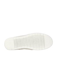 Suela de zapato en goma blanca con un patrón floral en relieve. Cuenta con estrías texturizadas para un mejor agarre y una superficie lisa. Diseño ligero y flexible.