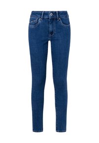 Jeans ajustados en denim azul oscuro con una textura suave. Incluye cinco bolsillos y una cremallera con un cierre de botón.