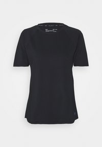 Maglietta sportiva nera a maniche corte realizzata in tessuto leggero. Presenta uno scollo rotondo e un dettaglio discreto con il logo sull'orlo.