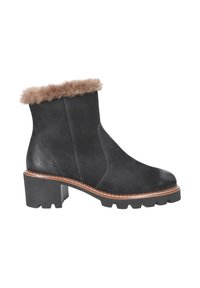 Botines de cuero negro con un borde de pelo sintético, parte superior texturizada, tacón bloque de altura media y suela resistente con patrones de tracción visibles.