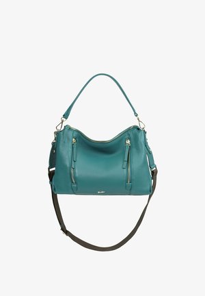 Teal leren handtas met gouden ritsen, dubbele bovenhandvatten en een afneembare schouderriem. Gladde textuur en minimalistisch ontwerp.