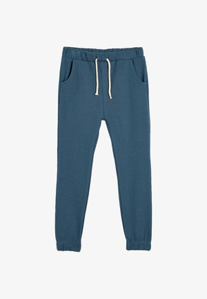 Blå waffle-strikkede joggerbukser med elastisk talje, beige snøre, sidelommer og elastiske cuffs.
