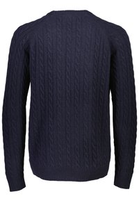 Marineblauer Strickpullover mit Kabelmuster, Rundhalsausschnitt und gerippten Bündchen und Saum. Verfügt über einen strukturierten Stoff in einem klassischen Design.