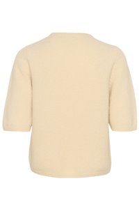 Beige knit short-sleeve sweater with a round neckline and soft, textured fabric. No visible patterns or embellishments. Simple design.