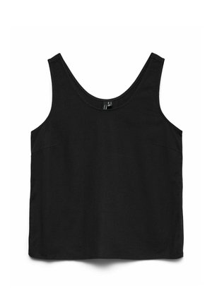 Mustast varrukateta tank top, mis on esitatud tasapinnal valgel taustal ning millel on lihtne ja sile kangatekstuur.