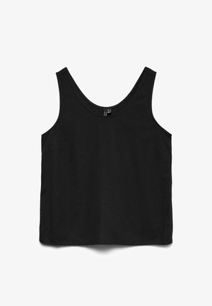 Débardeur noir sans manches avec encolure dégagée, présenté à plat sur fond blanc, montrant une texture de tissu simple et lisse.