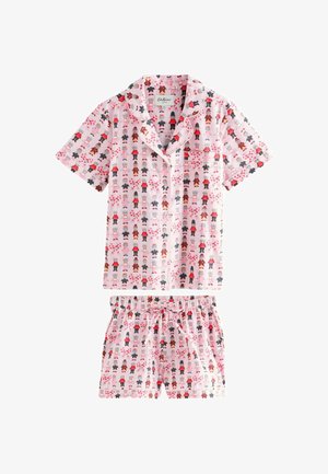 Sada růžových pyžam s krátkým rukávem s motivem různých kreslených postaviček a srdíček; vyrobeno z měkké látky, s elastickým pasem na šortkách.