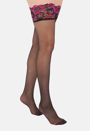Black thigh-high stockings with a pink floral lace top band. Sheer texture with an open toe design, highlighting the legs elegantly.