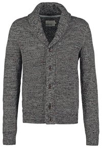 Graue Strickjacke mit Schalkragen, einem strukturierten Muster, fünf großen Knöpfen und Vorderentaschen.