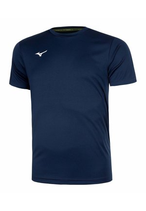 Maglietta sportiva blu navy a maniche corte con scollo rotondo e piccolo logo bianco sul petto in alto a sinistra.