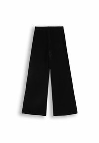 Czarne spodnie o szerokich nogawkach z elastycznym pasem, wykonane z miękkiego materiału, charakteryzujące się gładką fakturą bez widocznych wzorów ani akcentów.