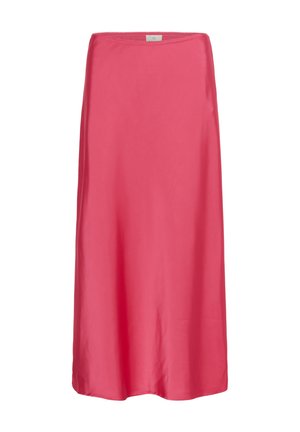 Roze satijnen midi-rok met een gladde textuur, ontspannen pasvorm en een subtiele elastische tailleband, die zorgt voor een vloeiende silhouette.