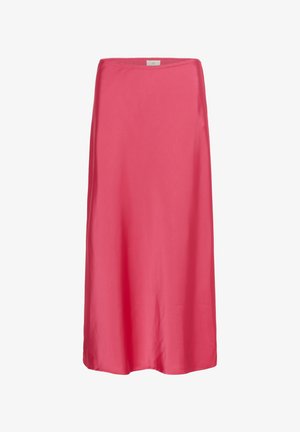 Rosa satin midi-nederdel med en glat tekstur, afslappet pasform og en subtil elastisk talje, der giver en flydende silhuet.
