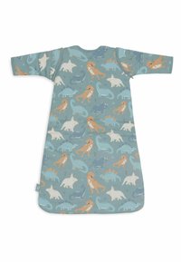 Saco de couchage avec un fond turquoise présentant divers motifs de dinosaures et d'animaux en blanc, orange et bleu. Tissu doux avec de longues manches.
