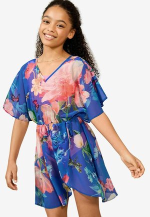Blumenmusterkleid aus transparentem blauem Stoff, mit V-Ausschnitt, weiten Ärmeln und einem elastischen Taillenzug mit Kordelzug.