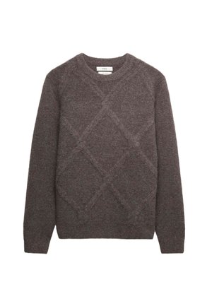 Ciemnoszary sweter robiony na drutach z wzorem diamentowym, z długimi rękawami, okrągłym dekoltem oraz ściągaczami przy rękawach i u dołu.